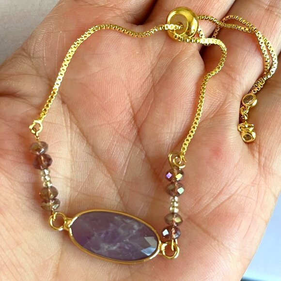 Handmade Multi Pink/Purple Amethyst stone Crystal Beaded Bracelet 18K GP - Picture 1 of 4
